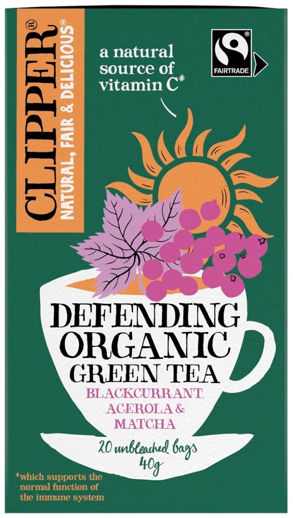 HERBATA ZIELONA Z CZARNĄ PORZECZKĄ, ACEROLĄ I MATCHĄ “ODPORNOŚĆ” FAIR TRADE BIO (20 x 2 g) 40 g – CLIPPER SuryaPrema