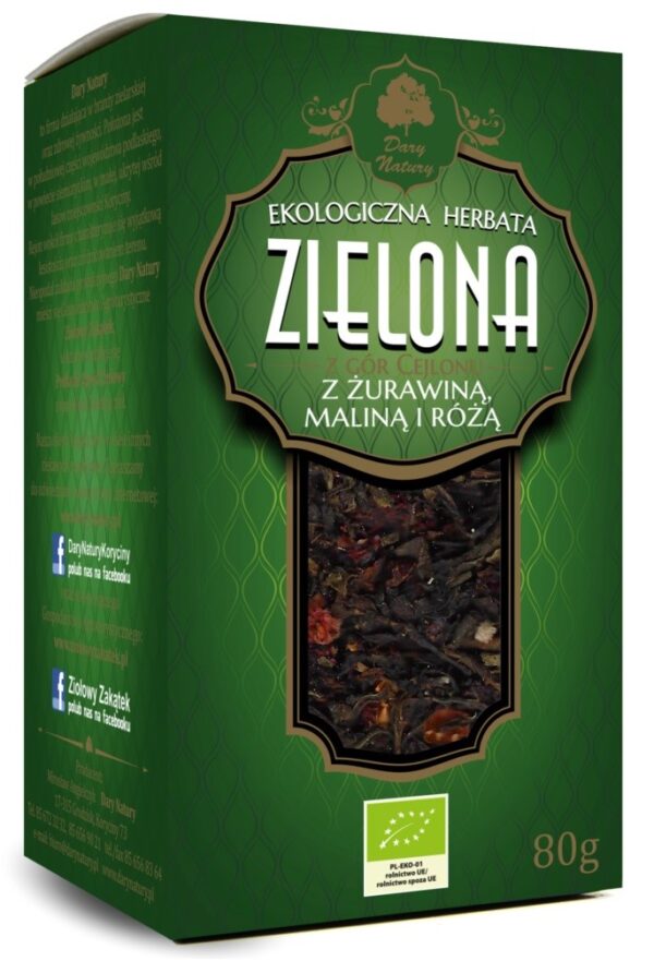 HERBATA ZIELONA Z ŻURAWINĄ, MALINĄ I RÓŻĄ LIŚCIASTA BIO 80 g – DARY NATURY SuryaPrema