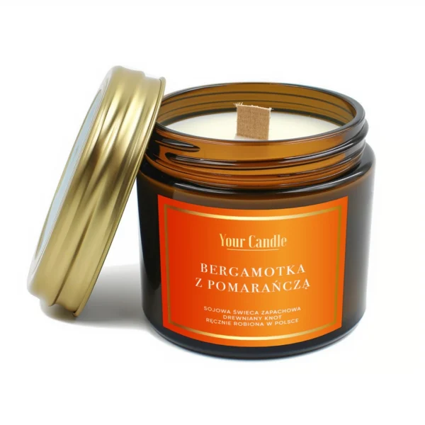 ŚWIECA SOJOWA ZAPACHOWA Z DREWNIANYM KNOTEM BERGAMOTKA Z POMARAŃCZĄ 120 ml – YOUR CANDLE SuryaPrema